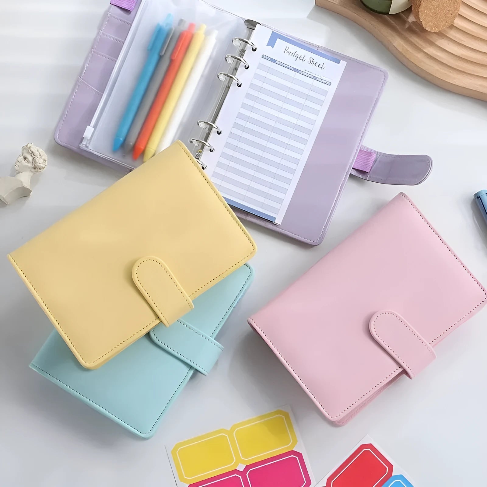 A5 PU leather zippered notebook shell in multiple solid colours including pink, blue, and black.