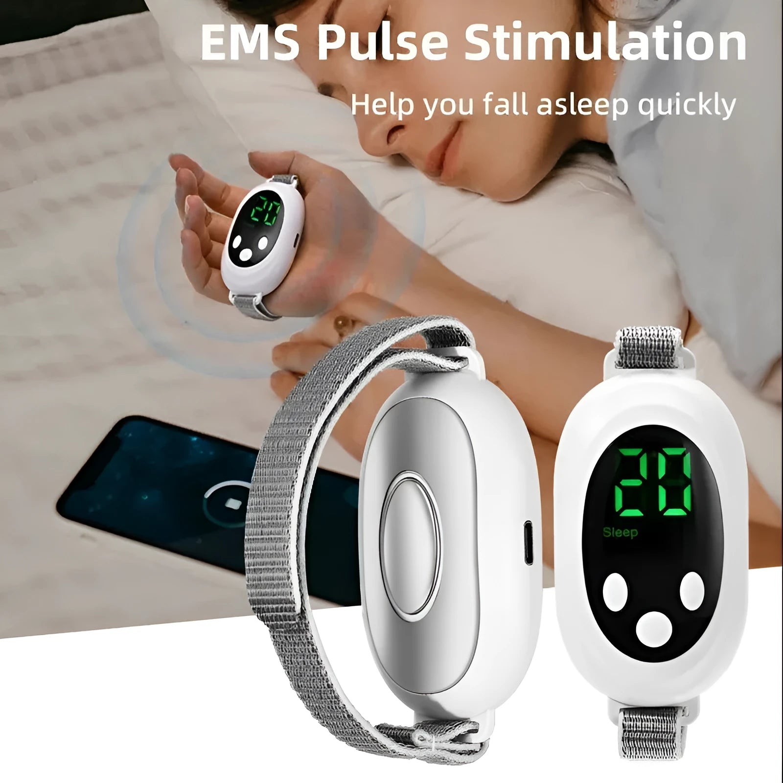 White sleep aid device with handheld remote control and adjustable intensity settings for insomnia management