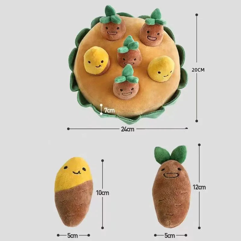 Yellow durable polyester dog puzzle mat with removable squeaky plush toys as a slow feeder and foraging pad
