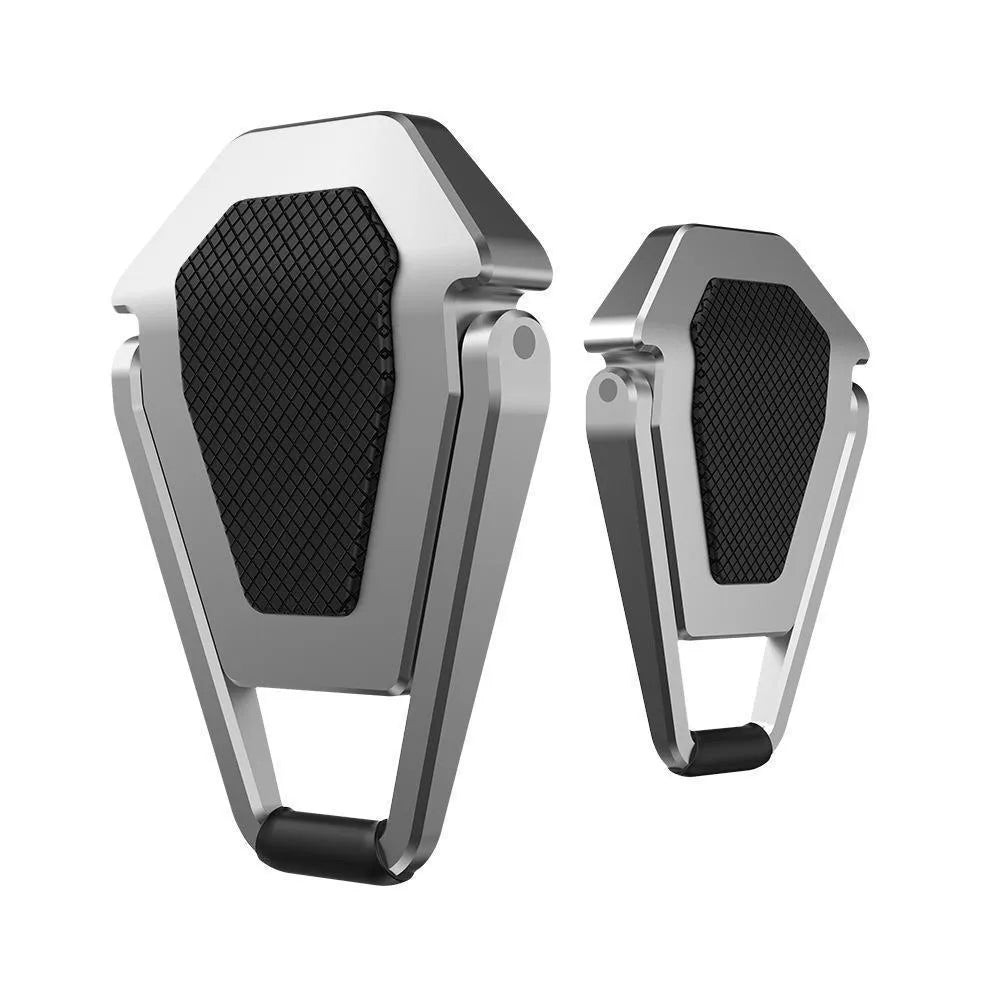 Foldable aluminum laptop bracket showing silver alloy construction and 3M adhesive backing