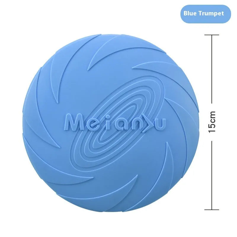 A soft rubber dog frisbee flying disc toy for outdoor fetch, shown in a choice of blue, green, or red.
