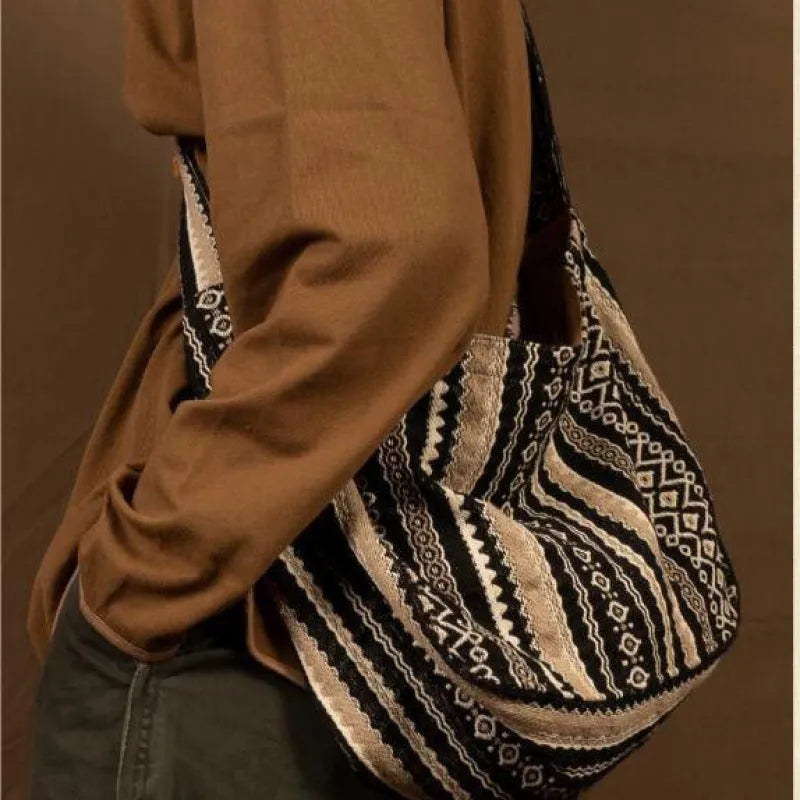 Corduroy messenger bag with jacquard striped vintage design and adjustable plaid shoulder strap
