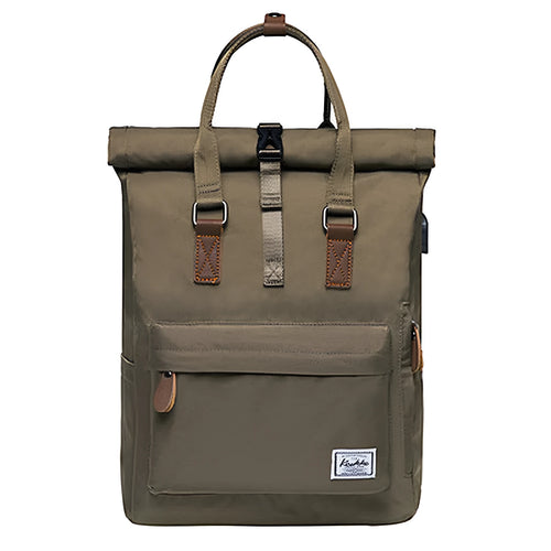 Men's casual black polyester backpack showing cover opening and internal laptop pocket.