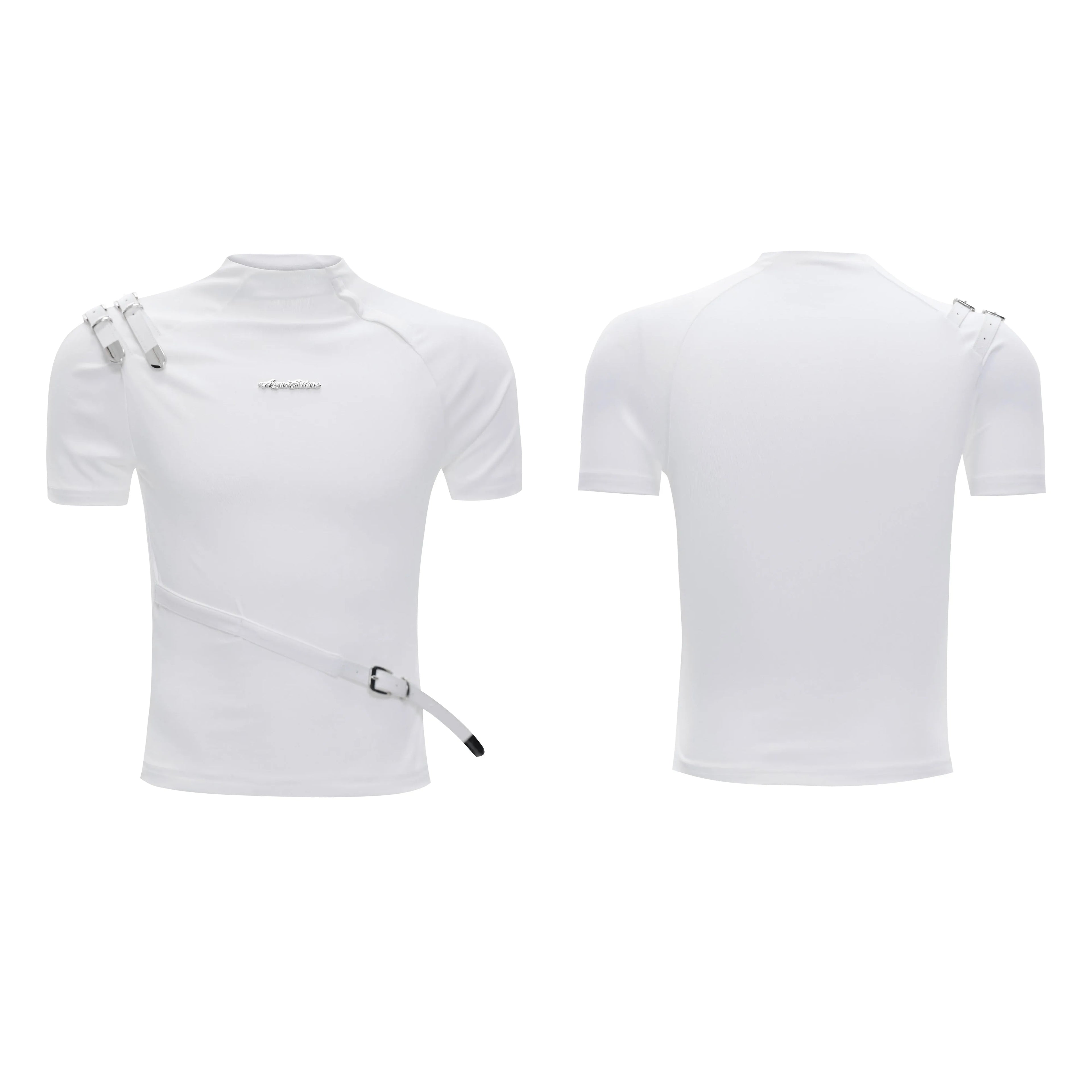 Men's black slim fit short sleeve t-shirt with a stand-up collar and metal belt design detail.