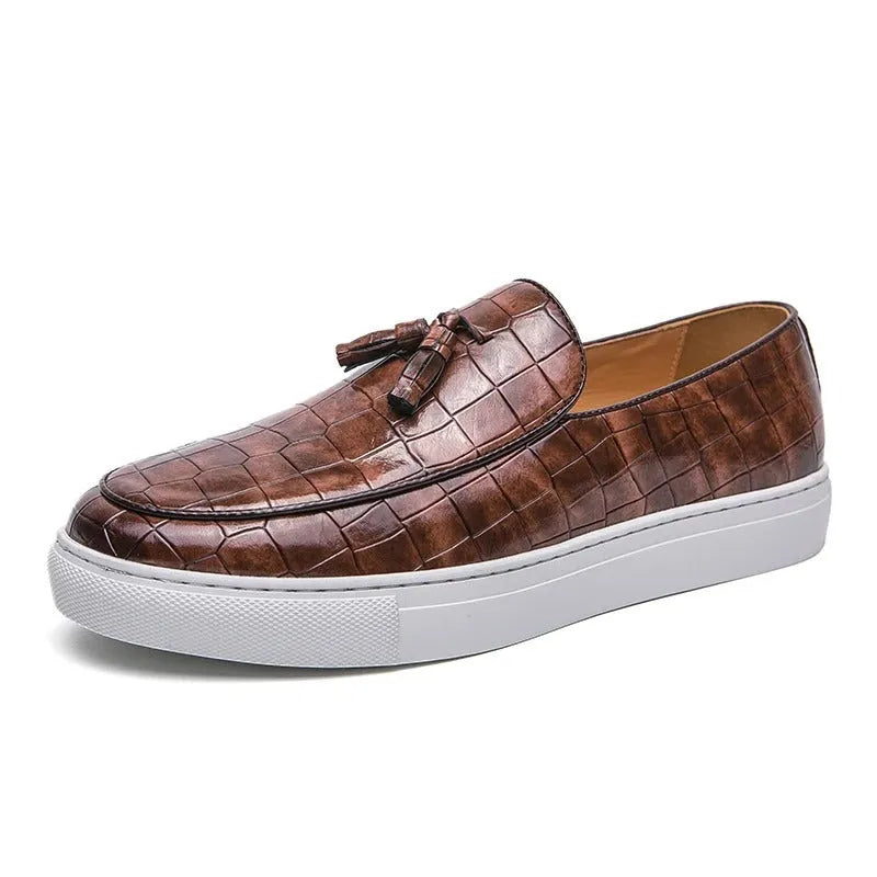 Men's black business casual sneakers with tassel detail and round toe design