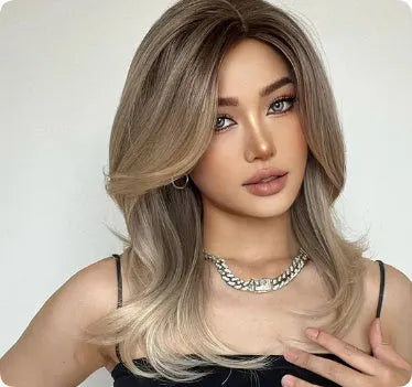 Mid-length platinum gradient colour wig with long curly hairstyle and bangs