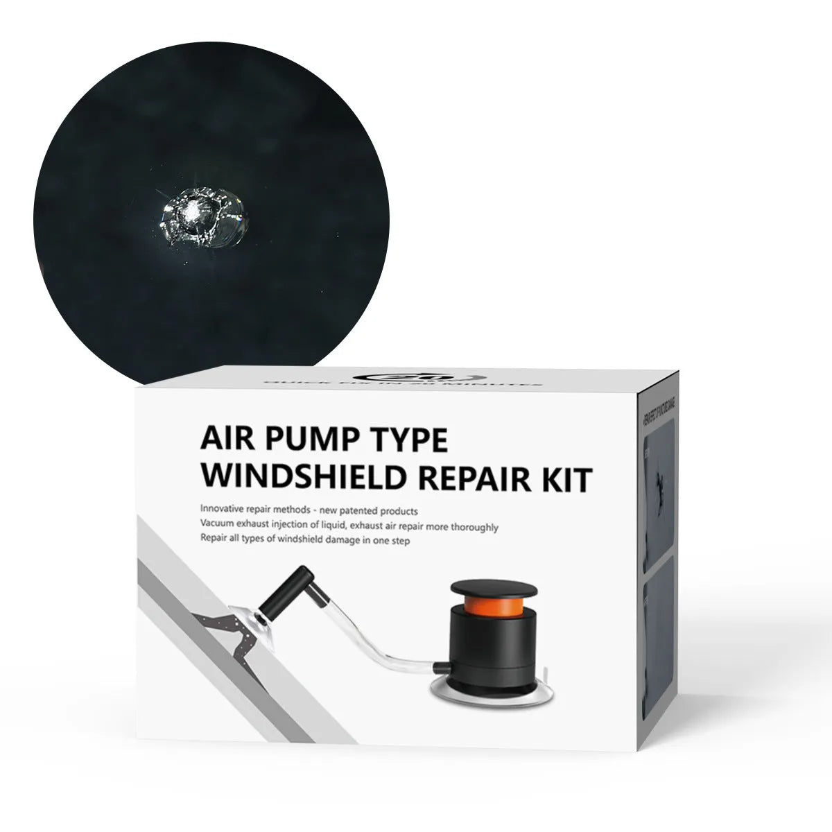 Car windshield crack repair kit with plastic applicator tool and resin bottle