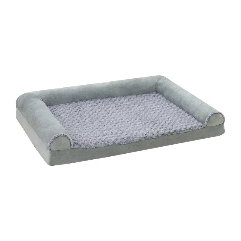 Light grey soft cloth dog kennel for large dogs showing its open front and low-sided design.