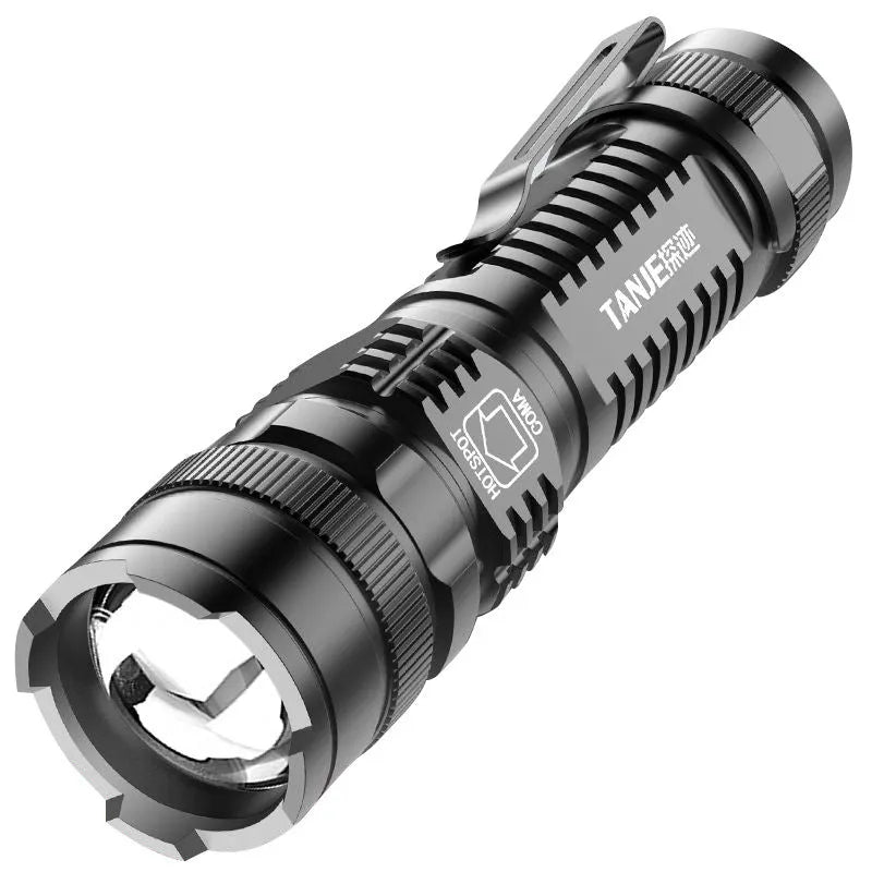 Black aluminium telescopic LED flashlight with pocket clip, shown zoomed in and out.