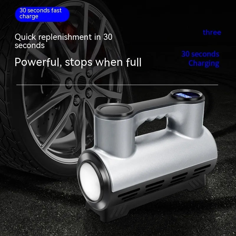 12V portable car tyre inflator with digital display, LED light, and nozzles on a black ABS housing.