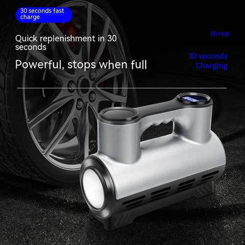 12V portable car tyre inflator with digital display, LED light, and nozzles on a black ABS housing.