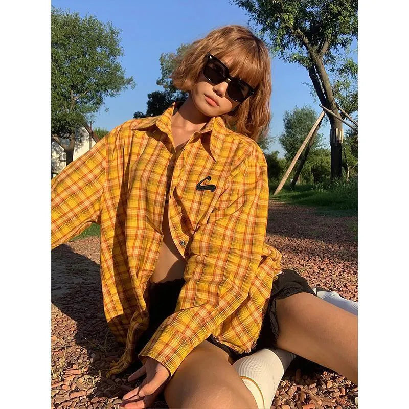 Dopamine yellow loose-fit plaid cardigan shirt for men and women.