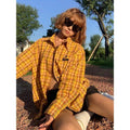Dopamine yellow loose-fit plaid cardigan shirt for men and women.