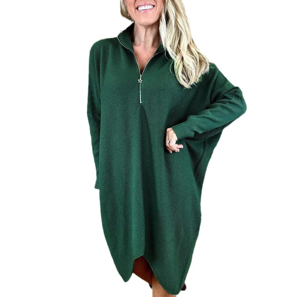 Women's solid colour knitted dress with raglan sleeves and zipper detail