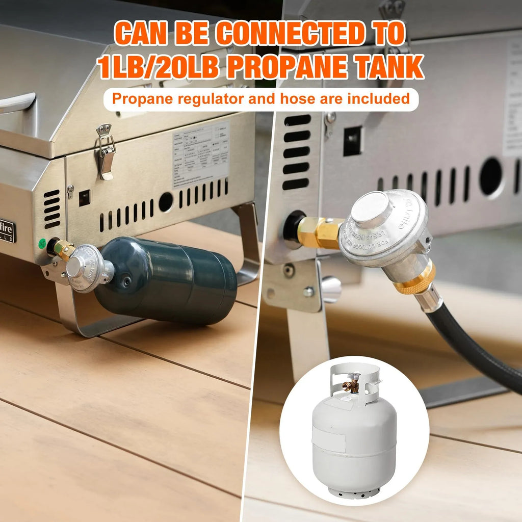 Silver stainless steel desktop gas barbecue grill with three burners and foldable legs