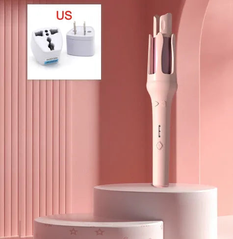 White automatic hair curler with 32mm barrels showing pink and purple colour options