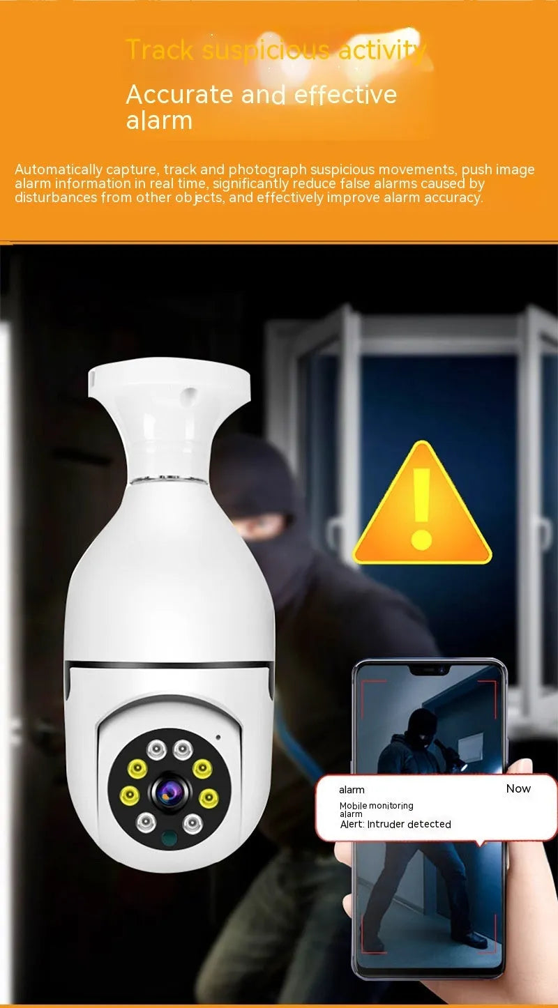 Wireless bulb security camera with 5cm diameter lamp head showing e27 fitting for standard light sockets