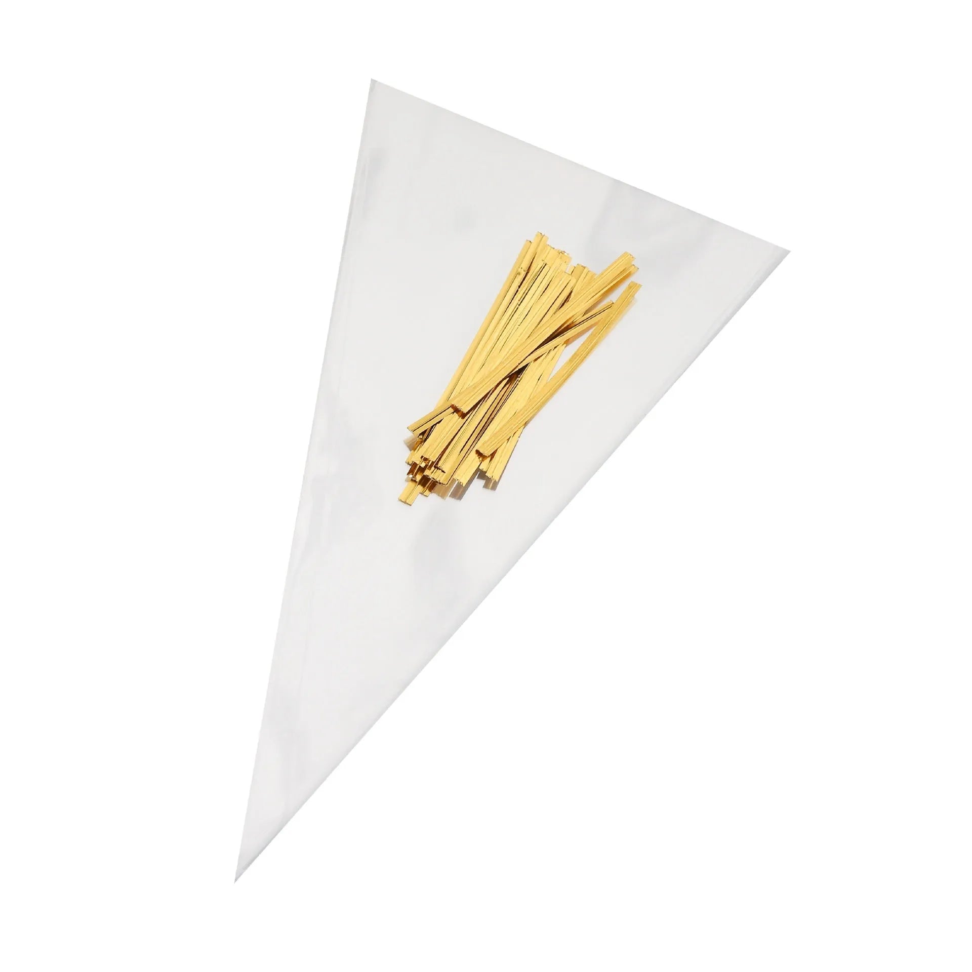 Triangle-shaped clear plastic packaging bag with a metallic tie wire closure.