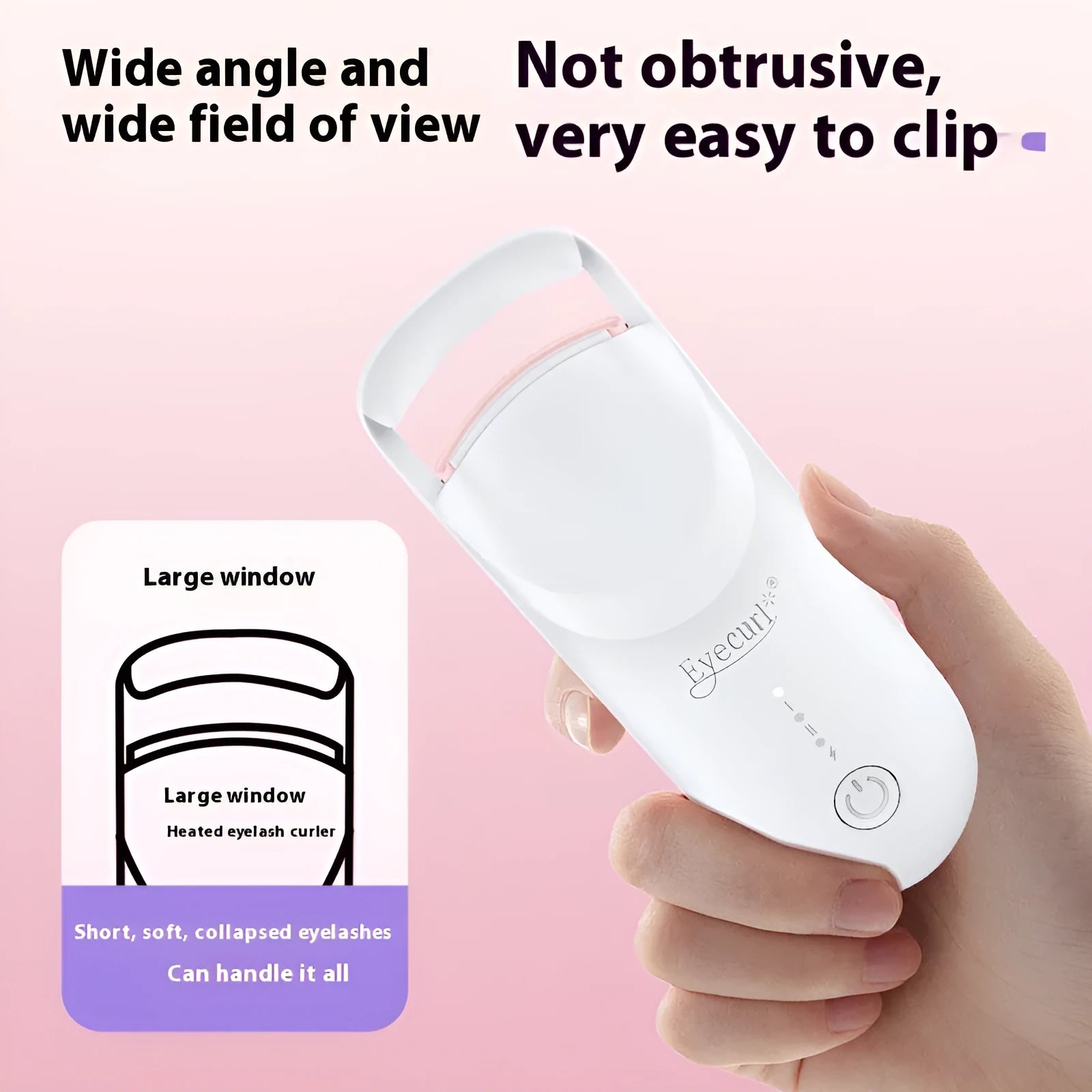 Plastic electric heating eyelash curler with USB cable in cream white, pink, or apricot.