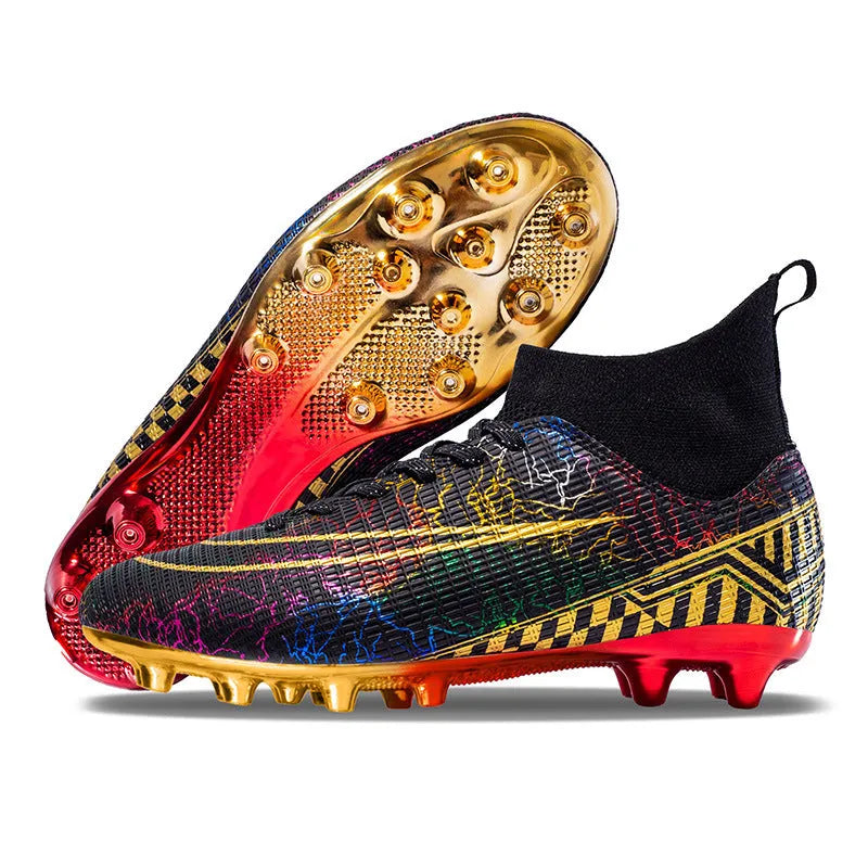 Men's white high-top soccer training shoe with gold-plated sole and lace-up front closure