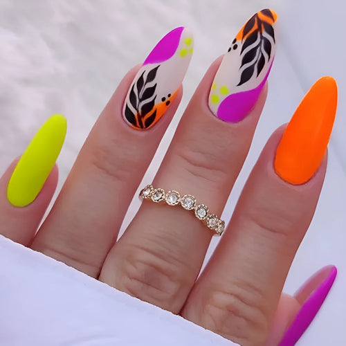 Medium almond armour frosted nail stickers showing four pattern variations: French colourful leaves, colourful plating, star flash macarons, gradient leopard print