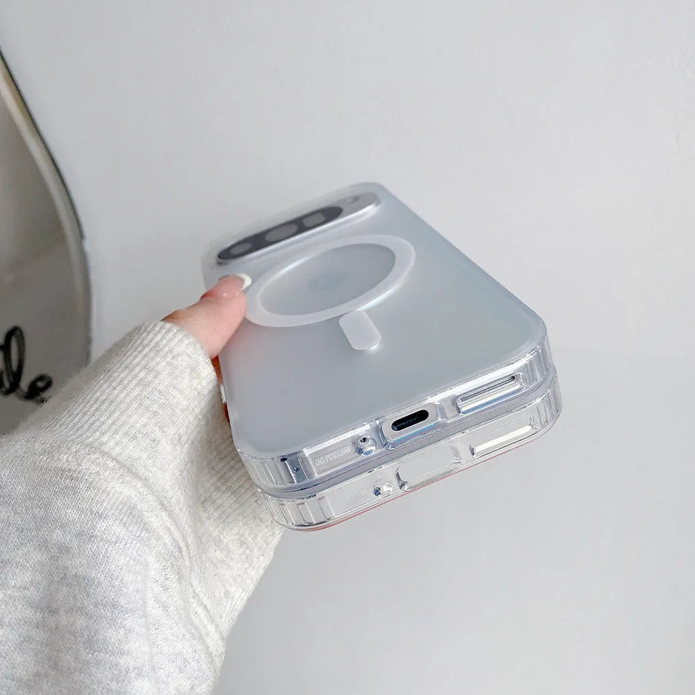 Transparent colourful frosted laser phone case for Google Pixel smartphones on a table.