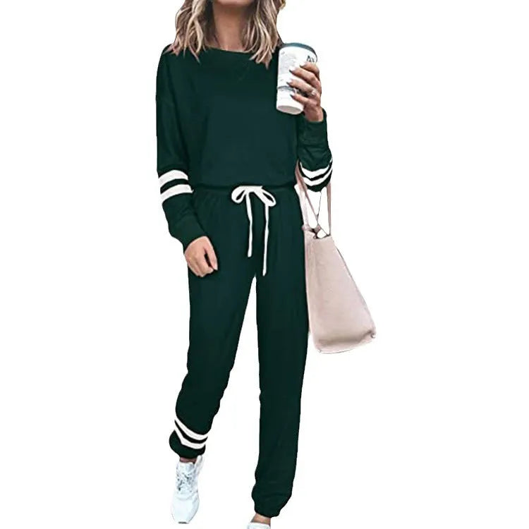 Women's loose fit solid color two-piece casual suit in apricot, black, and blue sizes S to 3XL