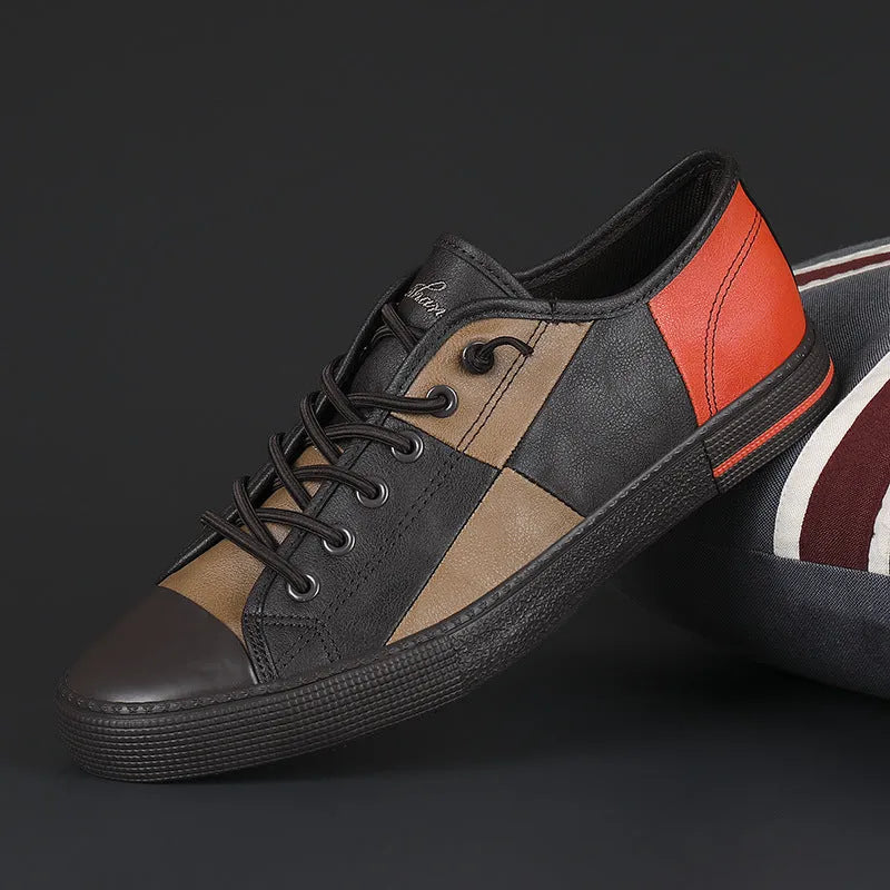 Men's colour matching leather shoes with elastic band and round toe in black and white design