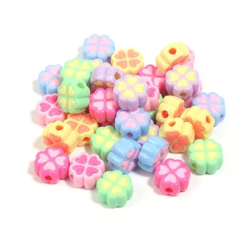 15mm frosted acrylic four-leaf clover love beads in mixed colours including rose red, pink, yellow, green, blue, purple.