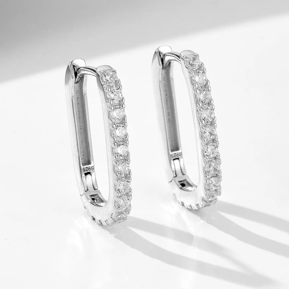 Sterling silver oval zircon ear clip earrings with geometric design in white or yellow colour