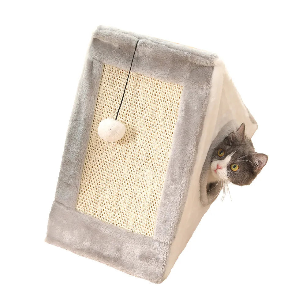 Grey and white triangle-shaped cat scratching post with an integrated fleece fabric bed.