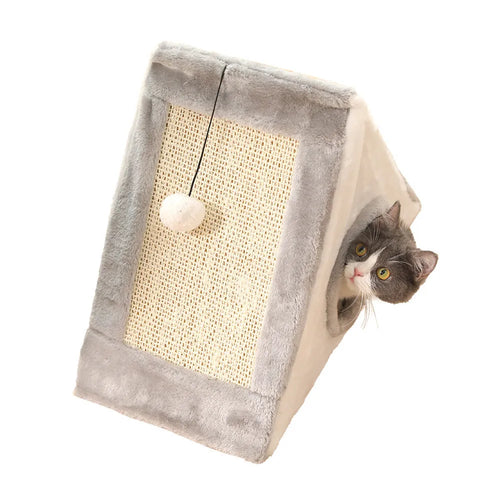 Grey and white triangle-shaped cat scratching post with an integrated fleece fabric bed.