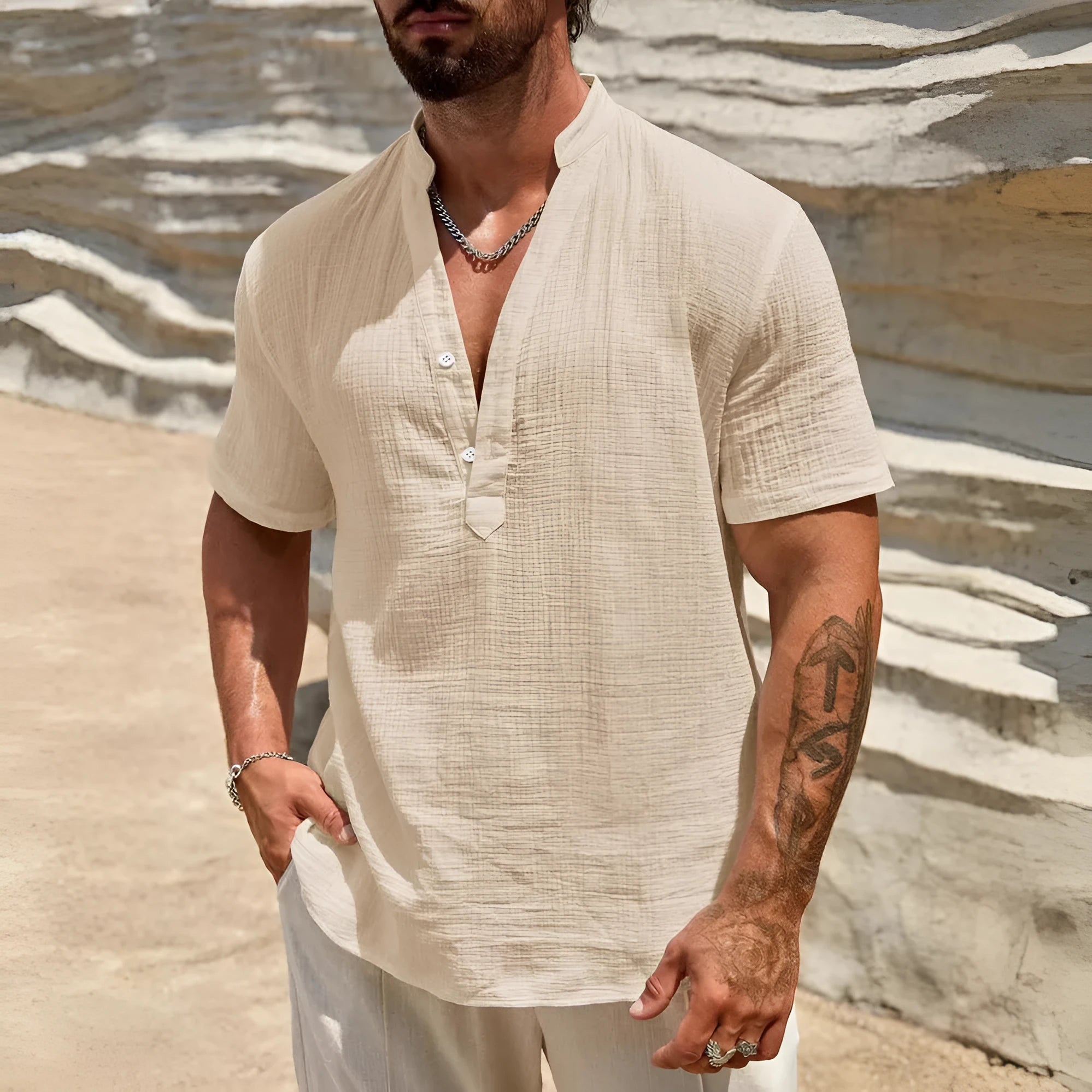 Men's solid colour short sleeve stand collar casual shirt on a hanger