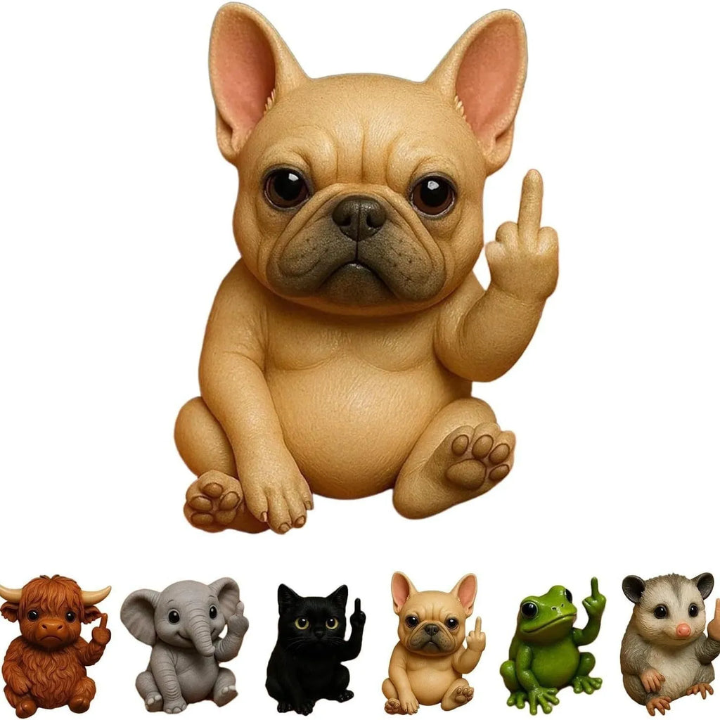 Miniature resin animal doll making a middle finger gesture, available in seven animal styles including cat and dog.