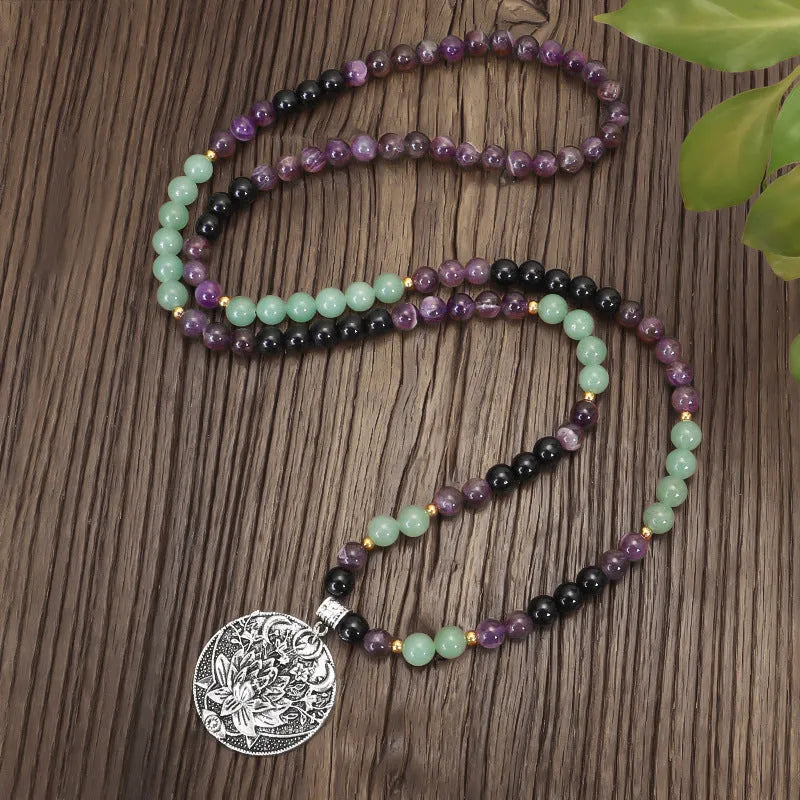 Yoga lotus pendant necklace with matching bracelet, handmade stone beads, geometric design, adjustable length