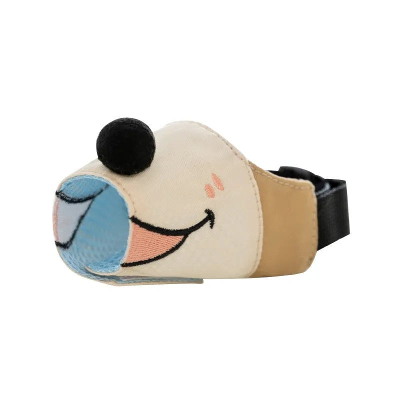Canvas dog muzzle in Ollie Brown Bear and Bondi Blue Shark colours, shown in S, M, L, and XL sizes.