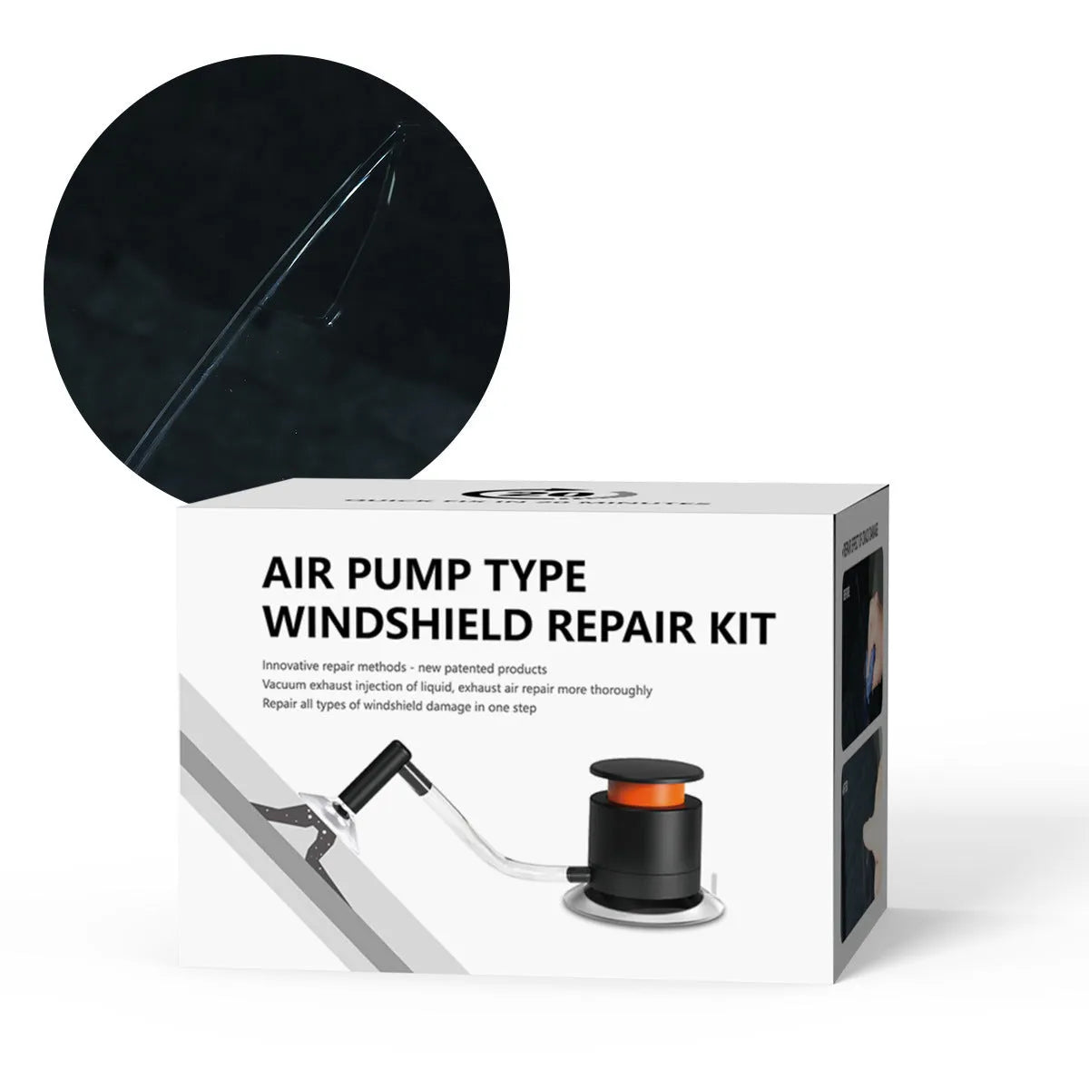 Car windshield crack repair kit with plastic applicator tool and resin bottle