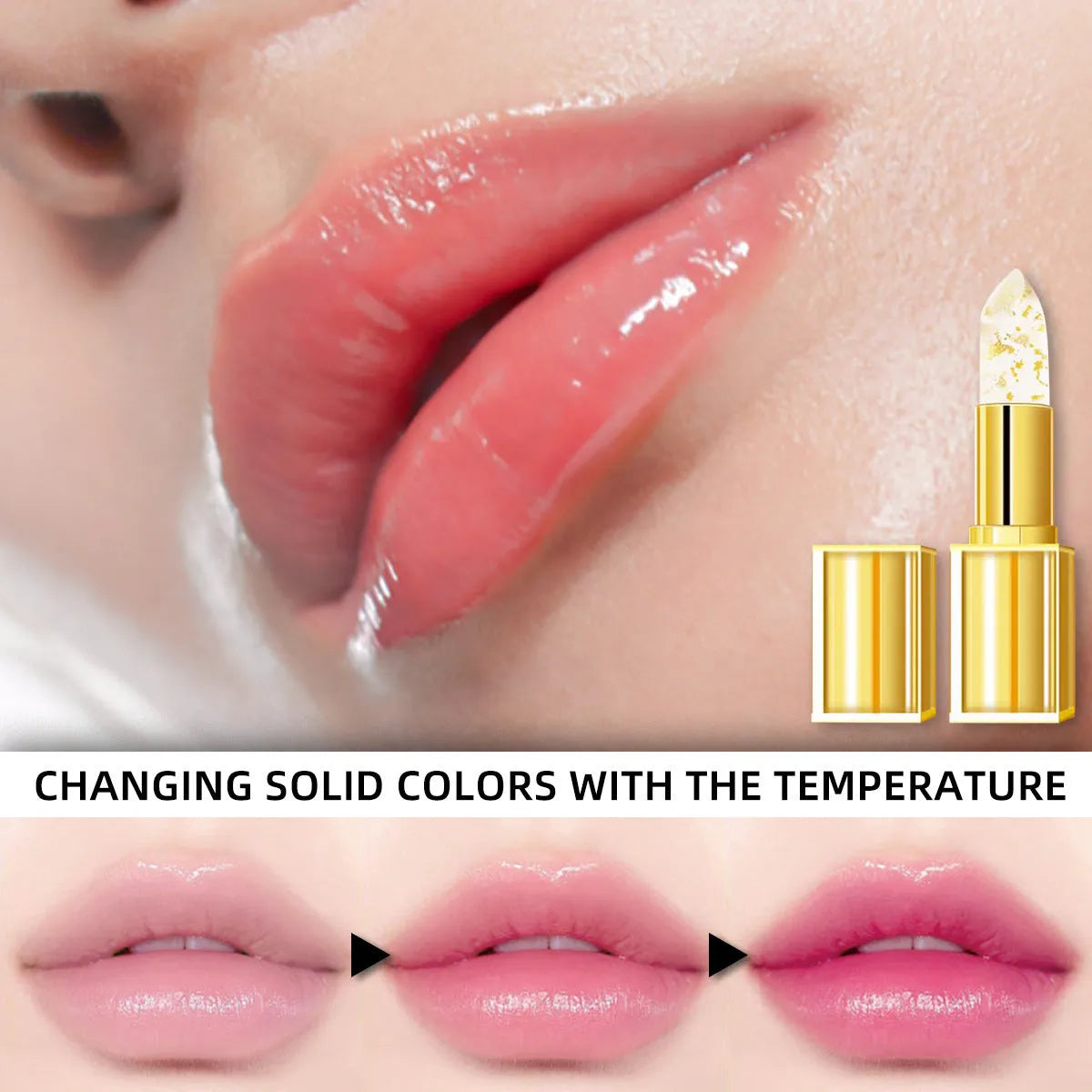 Tube of warm colour-changing anti-smudge lipstick with gilding effect, item YB1001.