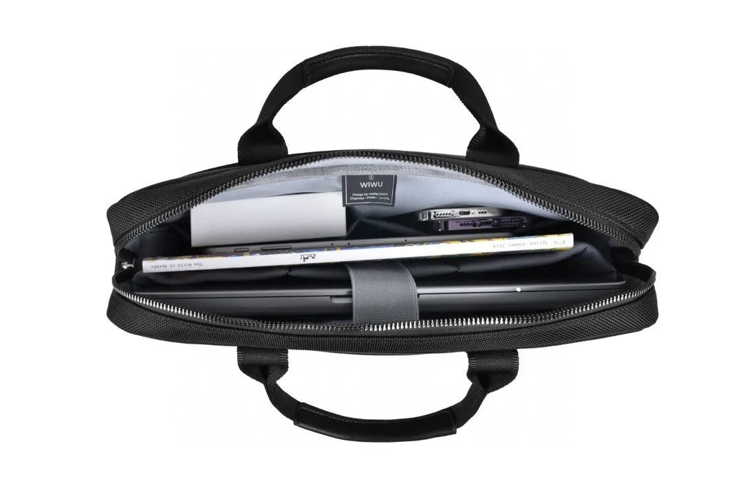 Black Oxford cloth laptop backpack with multiple compartments and a separate padded computer layer.