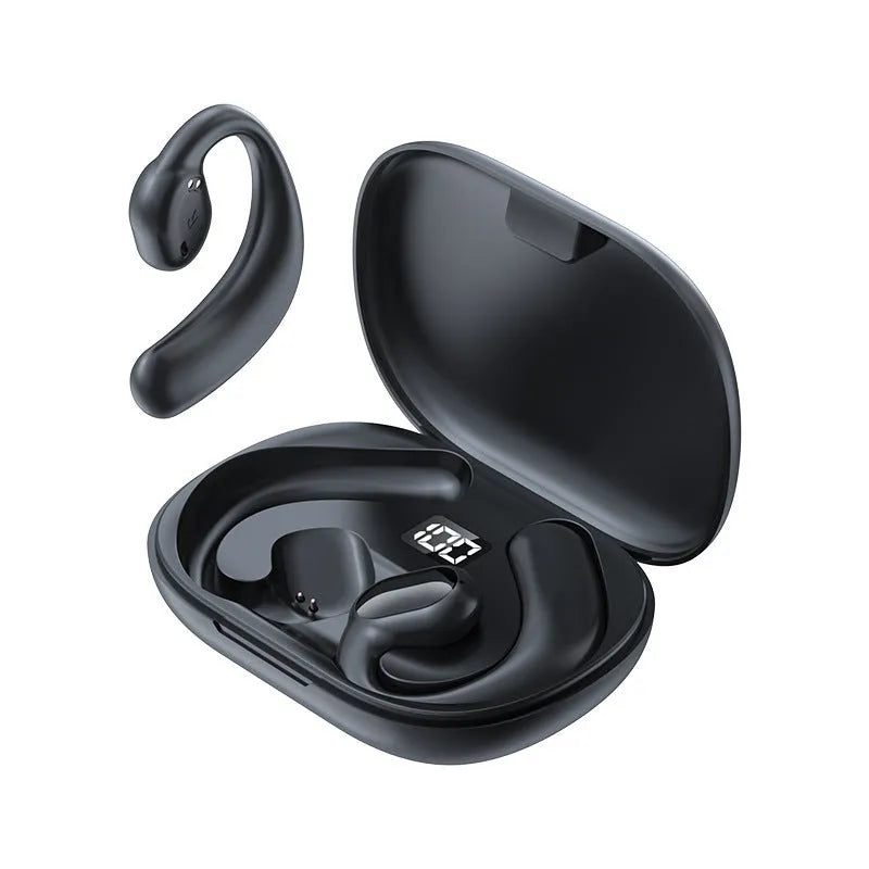 Black ear-mounted Bluetooth headset with digital display screen showing battery status