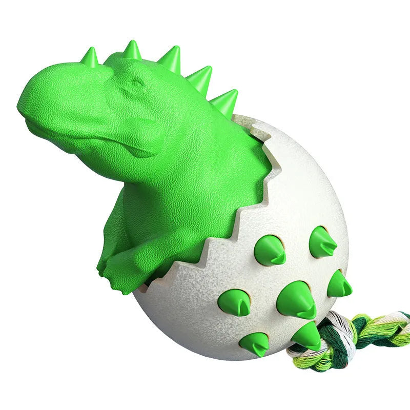 Durable rubber dog chew toy with rope attachment and dinosaur design for aggressive chewers