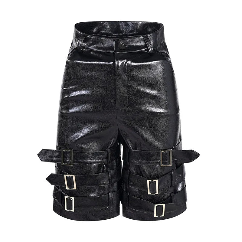 Men's black leather ring casual cropped pants in polycarbaminate fabric showing medium-low waist design