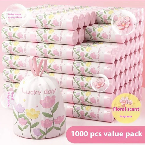 Pink degradable drawstring bin bags with argy wormwood mosquito repellent properties measuring 44cm by 48cm
