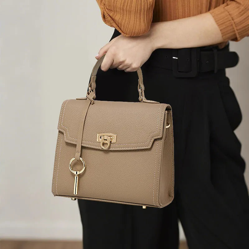 Elephant grey genuine leather vintage lock handbag with square vertical shape and file compartment