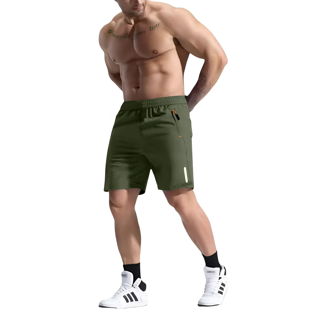 Men's grey elastic waist sports shorts with drawstring, made from bamboo fibre blend fabric.