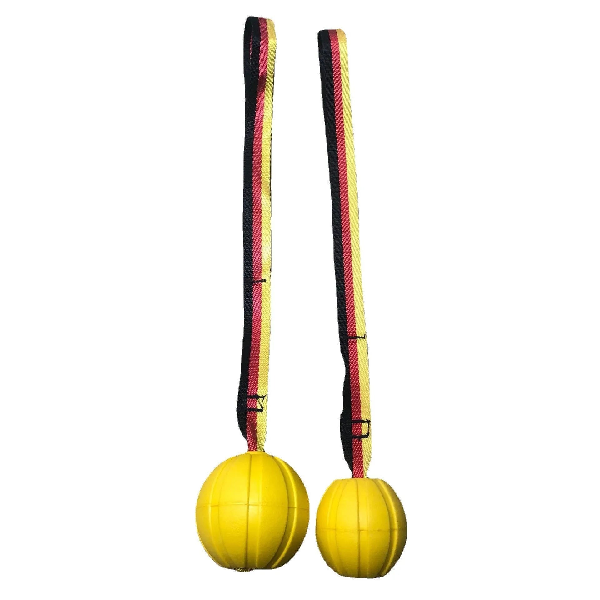 Camouflage and yellow floating EVA dog balls with tether strings in three different sizes on blue background.