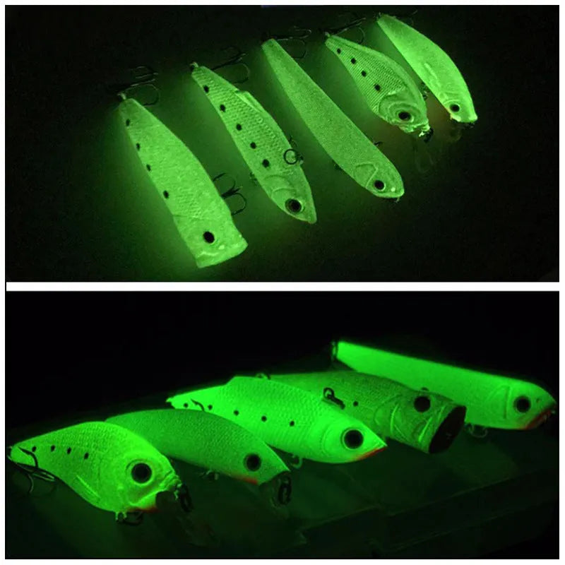 Five 3D fluorescent hard bait fishing lures with luminous properties for saltwater and freshwater fishing