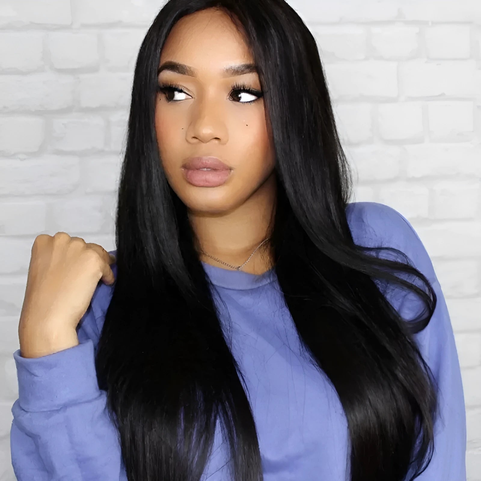 Long straight black women's wig with centre-parted bangs in European American style