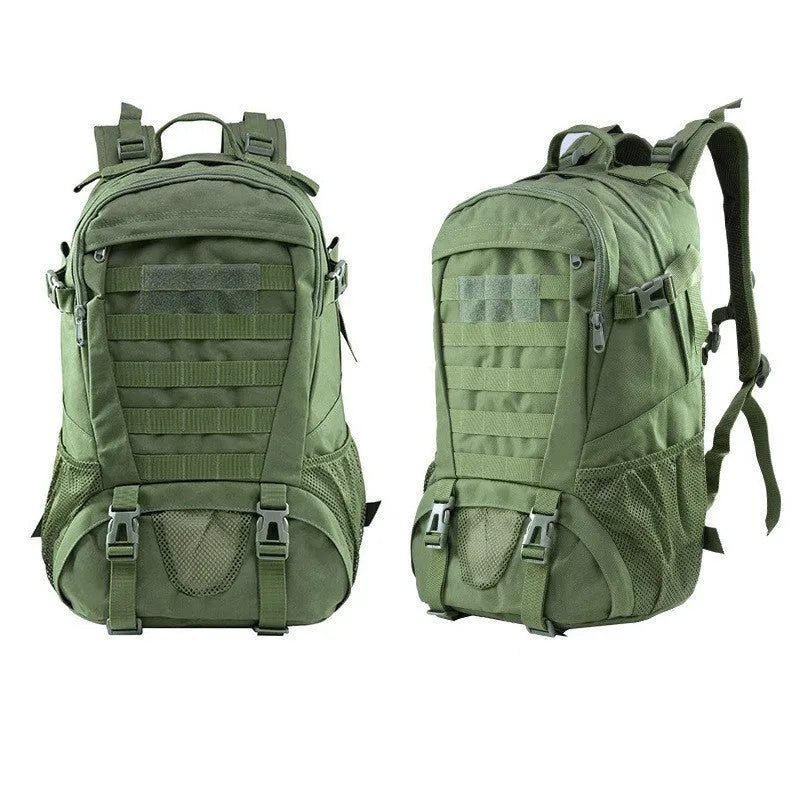 Green Oxford cloth mountaineering backpack with air pillow belt, shown with a large main compartment.