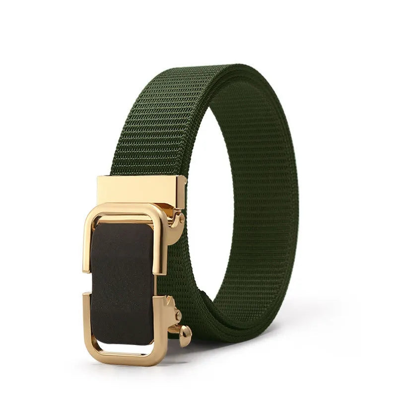 Men's nylon canvas belt with a silver toothless alloy buckle on a grey strap.